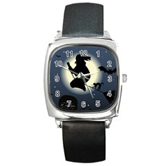 Halloween Card With Witch Vector Clipart Square Metal Watch by Nexatart