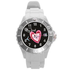 You Are My Beat / Pink And Teal Hearts Pattern (black)  Round Plastic Sport Watch (l) by FashionFling