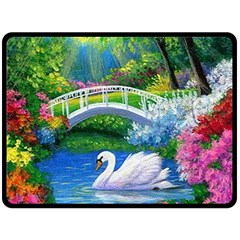 Swan Bird Spring Flowers Trees Lake Pond Landscape Original Aceo Painting Art Fleece Blanket (large)  by Amaryn4rt