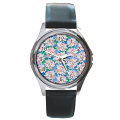 Plumeria Bouquet Exotic Summer Pattern  Round Metal Watch by BluedarkArt