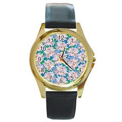 Plumeria Bouquet Exotic Summer Pattern  Round Gold Metal Watch by BluedarkArt