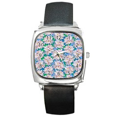 Plumeria Bouquet Exotic Summer Pattern  Square Metal Watch by BluedarkArt