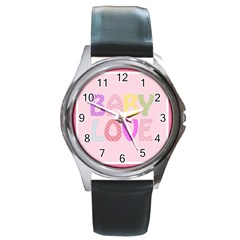 Pink Baby Love Text In Colorful Polka Dots Round Metal Watch by Simbadda