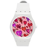 Valentine Wallpaper Whimsical Cartoon Pink Love Heart Wallpaper Design Round Plastic Sport Watch (M) Front