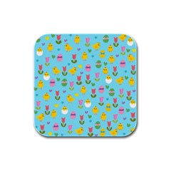 Easter - Chick And Tulips Rubber Square Coaster (4 Pack)  by Valentinaart