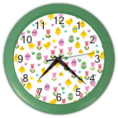 Easter - Chick And Tulips Color Wall Clocks by Valentinaart