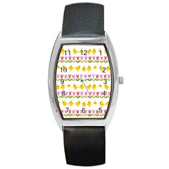 Easter - Chick And Tulips Barrel Style Metal Watch by Valentinaart