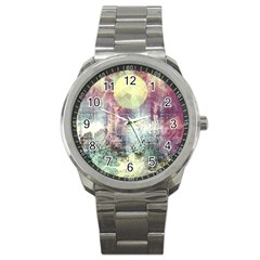 Frosty Pale Moon Sport Metal Watch by digitaldivadesigns