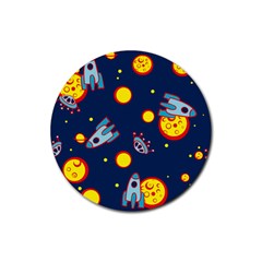 Rocket Ufo Moon Star Space Planet Blue Circle Rubber Round Coaster (4 Pack)  by Mariart