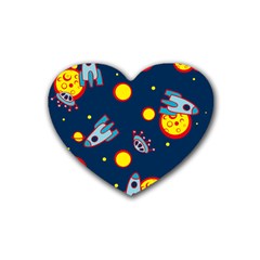 Rocket Ufo Moon Star Space Planet Blue Circle Rubber Coaster (heart)  by Mariart