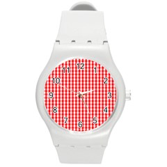 Christmas Red Velvet Large Gingham Check Plaid Pattern Round Plastic Sport Watch (m) by PodArtist