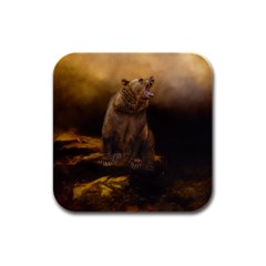 Roaring Grizzly Bear Rubber Square Coaster (4 Pack)  by gatterwe