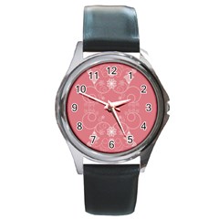 Flower Floral Leaf Pink Star Sunflower Round Metal Watch by Mariart