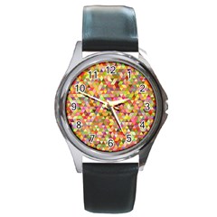 Multicolored Mixcolor Geometric Pattern Round Metal Watch by paulaoliveiradesign