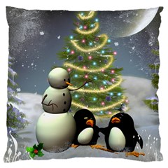 Funny Snowman With Penguin And Christmas Tree Large Cushion Case (two Sides) by FantasyWorld7