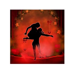 Dancing Couple On Red Background With Flowers And Hearts Small Satin Scarf (square)  by FantasyWorld7