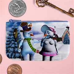 Funny, Cute Snowman And Snow Women In A Winter Landscape Large Coin Purse by FantasyWorld7