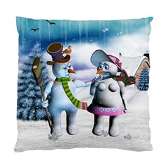 Funny, Cute Snowman And Snow Women In A Winter Landscape Standard Cushion Case (two Sides) by FantasyWorld7