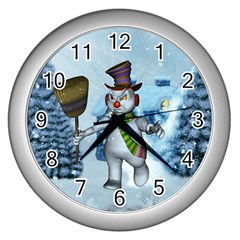 Funny Grimly Snowman In A Winter Landscape Wall Clocks (silver)  by FantasyWorld7