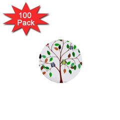 Tree Root Leaves Owls Green Brown 1  Mini Buttons (100 Pack)  by Celenk