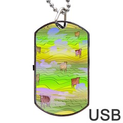 Cows And Clouds In The Green Fields Dog Tag Usb Flash (one Side) by CosmicEsoteric