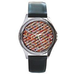 Mosaic Pattern Quilt Pattern Round Metal Watch by paulaoliveiradesign