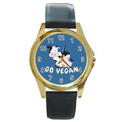 Friends Not Food - Cute Cow, Pig And Chicken Round Gold Metal Watch by Valentinaart