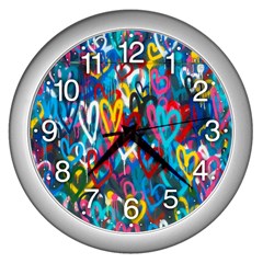 Graffiti Hearts Street Art Spray Paint Rad Wall Clocks (silver)  by genx