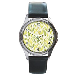 Green Leaves Nature Patter Round Metal Watch by paulaoliveiradesign