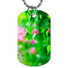 Green Birch Leaves, Pink Flowers Dog Tag (two Sides) by FunnyCow