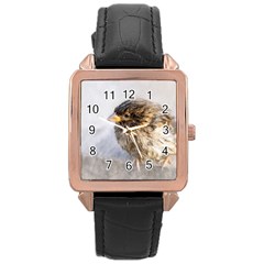 Funny Wet Sparrow Bird Rose Gold Leather Watch  by FunnyCow