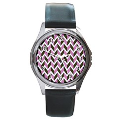 Zigzag Chevron Pattern Pink Brown Round Metal Watch by snowwhitegirl