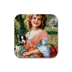 Girl With Dog Rubber Square Coaster (4 Pack)  by vintage2030