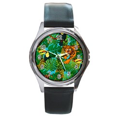 Tropical Pelican Tiger Jungle Blue Round Metal Watch by snowwhitegirl