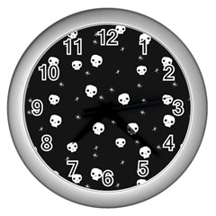 Pattern Skull Stars Halloween Gothic On Black Background Wall Clock (silver) by genx