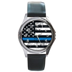 Usa Flag The Thin Blue Line I Back The Blue Usa Flag Grunge On Black Background Round Metal Watch by snek