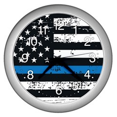 Usa Flag The Thin Blue Line I Back The Blue Usa Flag Grunge On Black Background Wall Clock (silver) by snek