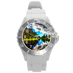 Color Lake Mountain Painting Round Plastic Sport Watch (l) by Pakrebo