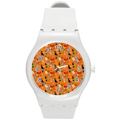 Halloween Treats Pattern Orange Round Plastic Sport Watch (m) by snowwhitegirl