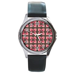 Retro Flower Pink Brown Round Metal Watch by snowwhitegirl