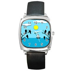 Birds Sun Tree Animal Black Tree Square Metal Watch by HermanTelo