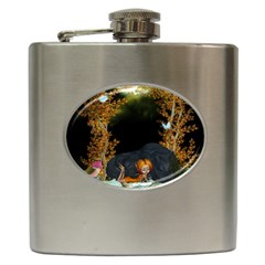 Cute Fairy With Awesome Wolf In The Night Hip Flask (6 Oz) by FantasyWorld7