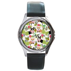 Corgis Hula Pattern Round Metal Watch by Sapixe