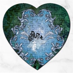 Surfboard With Dolphin Jigsaw Puzzle (heart) by FantasyWorld7