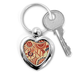 Pop Art Paisley Flowers Ornaments Multicolored 4 Background Solid Dark Red Key Chain (heart) by EDDArt