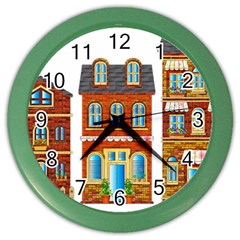 City Buildings Brick Architecture Color Wall Clock by Simbadda