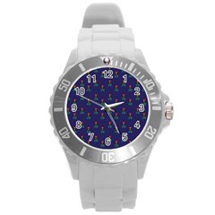 Nerdy 60s  Girl Pattern Blue Round Plastic Sport Watch (l) by snowwhitegirl