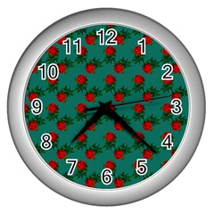 Red Roses Teal Green Wall Clock (silver) by snowwhitegirl