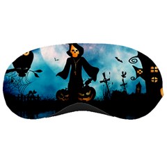 Funny Halloween Design With Skeleton, Pumpkin And Owl Sleeping Mask by FantasyWorld7