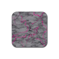 Marble Light Gray With Bright Magenta Pink Veins Texture Floor Background Retro Neon 80s Style Neon Colors Print Luxuous Real Marble Rubber Coaster (square)  by genx